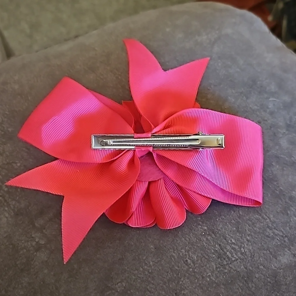 Vintage Hot Pink Forest Green Ribbon Floral Coquette Hair Bow Barrettes